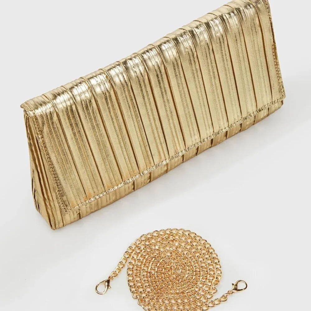 Clutch Purse Women Evening Bag Gold Pleated Flap Formal Party Handbag